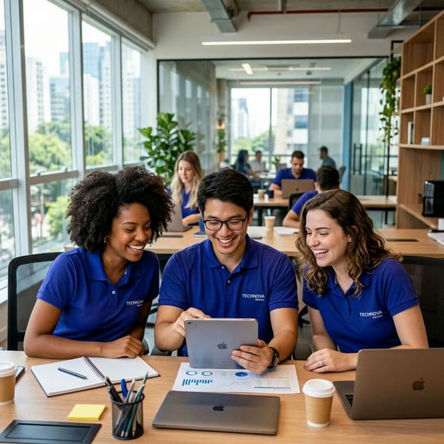 Equipe Diversa e Feliz usando Conecta HR